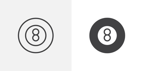 Pool ball icon. line and glyph version, outline and filled vector sign. Eight ball pool game linear and full pictogram. Billiard symbol, logo illustration. Different style icons set