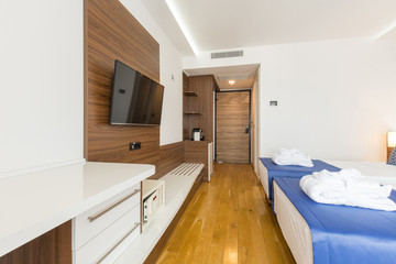 Interior of a double bed hotel bedroom