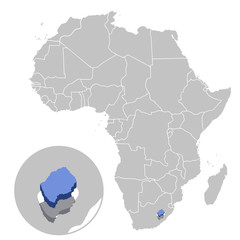 Vector illustration of Lesotho in blue on the grey model of Africa map with zooming replica of country
