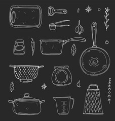 Set of elements with hand drawn kitchenware on a chalkboard background