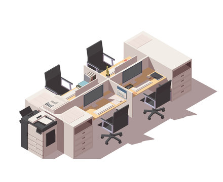 Vector isometric low poly office cubicle workplaces