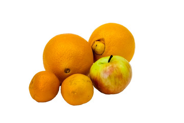 oranges , tangerines and apple on a white background