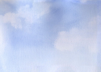 Watercolor hand-drawn blue sky with white clouds background