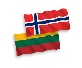 National vector fabric wave flags of Lithuania and Norway isolated on white background. 1 to 2 proportion.