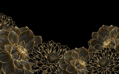 Stylish background with gold flowers dahlias and chrysanthemum hand- drawn.