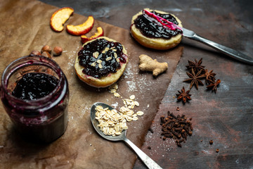 sweet mashed rolls with forest fruit jam