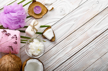 Flat lay Body care Coconut oil soap and candle set on white table