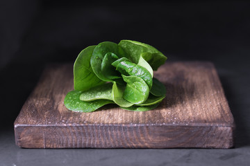 Fresh spinach on a wooden board, dark photo