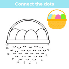 Vector Easter eggs in the basket. Educational numbers game for children, connect the dots. Coloring page. Spring theme.