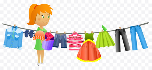 Woman hangs laundry illustration