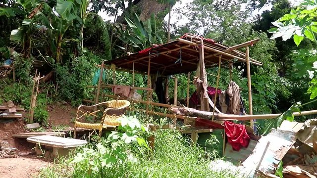 a poor shack on the banks of the Mekong River in Luang Prabang, Laos