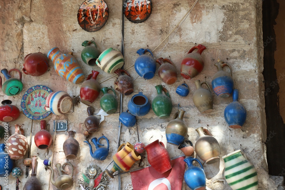 Wall mural handmade pottery and jugs.kayseri/turkey 