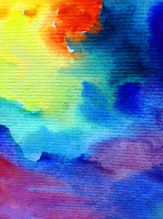 Obraz premium Watercolor abstract bright colorful textural background handmade . Painting of sky and clouds during sunset . Modern cosmic pattern . Shine