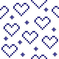 Seamless pattern hearts dark blue, cross stitch