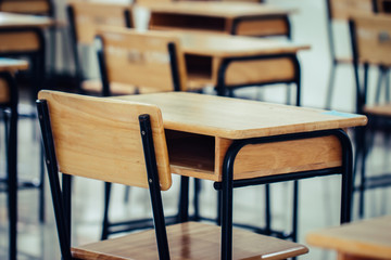 Empty School classroom with desks chair wood, greenboard and whiteboard in high school Thailand, vintage tone education concept