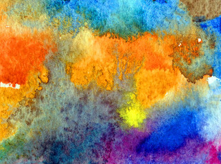 Watercolor abstract bright colorful textural background handmade . Painting of sky and clouds during sunset . Modern cosmic pattern . Shine