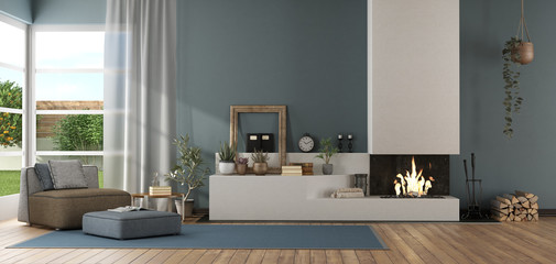 Blue modern living room with fireplace - obrazy, fototapety, plakaty