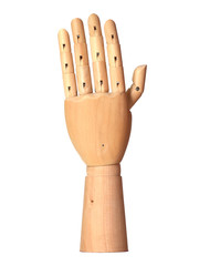 view of the back of an open wooden hand isolated