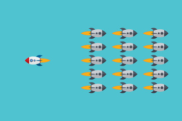 Think different. Think differently concept - One red unique different rocket flying opposite way of identical gray ones. Courage, confidence, success, crowd and creativity concept. EPS 10 vector 