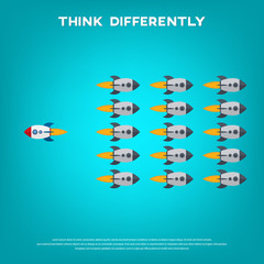 Think different. Think differently concept - One red unique different rocket flying opposite way of identical gray ones. Courage, confidence, success, crowd and creativity concept. EPS 10 vector 