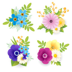 Set of bouquets of paper flowers. Flower arrangement of flowers cut from paper. Paper flowers isolated on white background. Vector illustration in style paper cut.