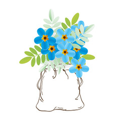 Bouquet of blue flowers cut from paper. Abstract 3D paper flowers forget-me-not in hand drawn package. Vector illustration in style paper cut.