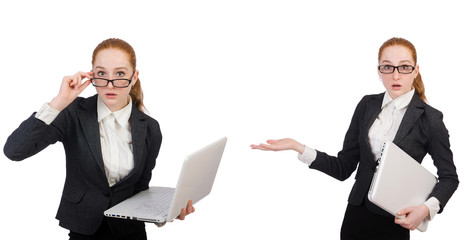 Businesswoman with laptop isolated on white