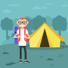 Young charcter in the forest near by tent.Backpacker Flat cartoon design.Clip art