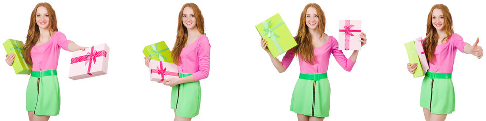 Beautiful woman in green skirt with giftbox 