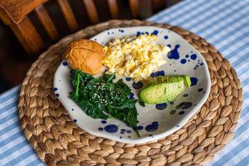 breakfast plate of scrambled eggs, sliced avocado, spinach and small sandwich bread.