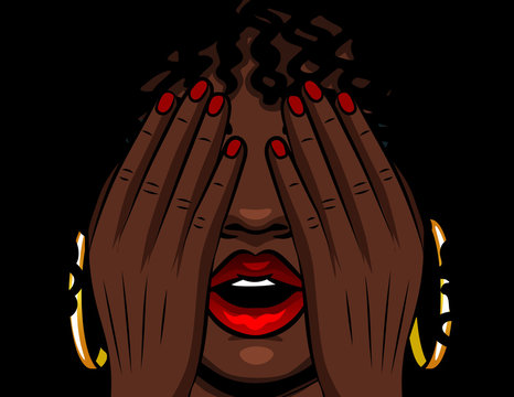 Color vector illustration african american girl covers her face with her hands. The girl experiences emotions of stress, fear, pain, fatigue. Girl with red open lips and eyes closed