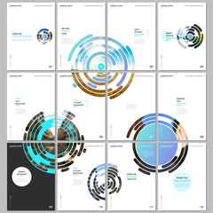 Minimal brochure templates with colorful blue circle elements, round shapes on white background. Covers design templates for flyer, leaflet, brochure, report, presentation, advertising, magazine.