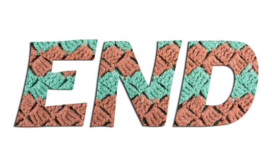 END word with hand knitted texture on white background