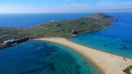 Aerial drone bird's eye view of tropical exotic mediterranean bay with turquoise sea