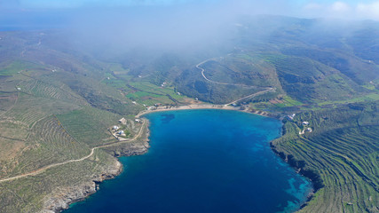 Aerial drone panoramic photo of iconic two sided sandy tropical turquoise sea paradise beach of Kolones near Fykiada in island of Kythnos at spring, Cyclades, Greece