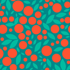 Oranges. Cyanic leaves and orange circles on blue-green background - seamless pattern. Abstract tile ratio 1 to 1. For backgrounds, paper, fabrics, clothing, applications, etc.