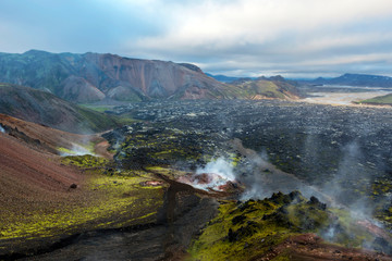 Active fumaroles and solfataras in the slope of Brennisteinsalda Volcano mountain in Landmannalaugar region of Iceland Highlands.