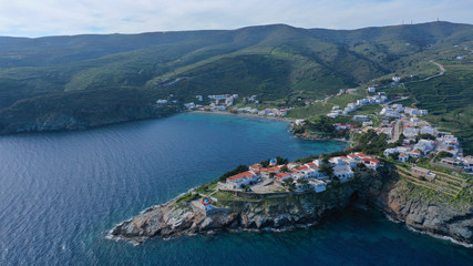 Aerial drone photo of famous and picturesque orthodox church of Panagia Kanala in island of Kythnos, Cyclades, Greece