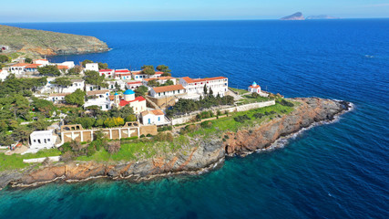 Aerial drone photo of famous and picturesque orthodox church of Panagia Kanala in island of...