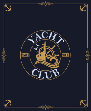 yacht club label isolated on dark background in decorative frame