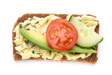 Sandwiches with cream cheese, vegetables and salami.