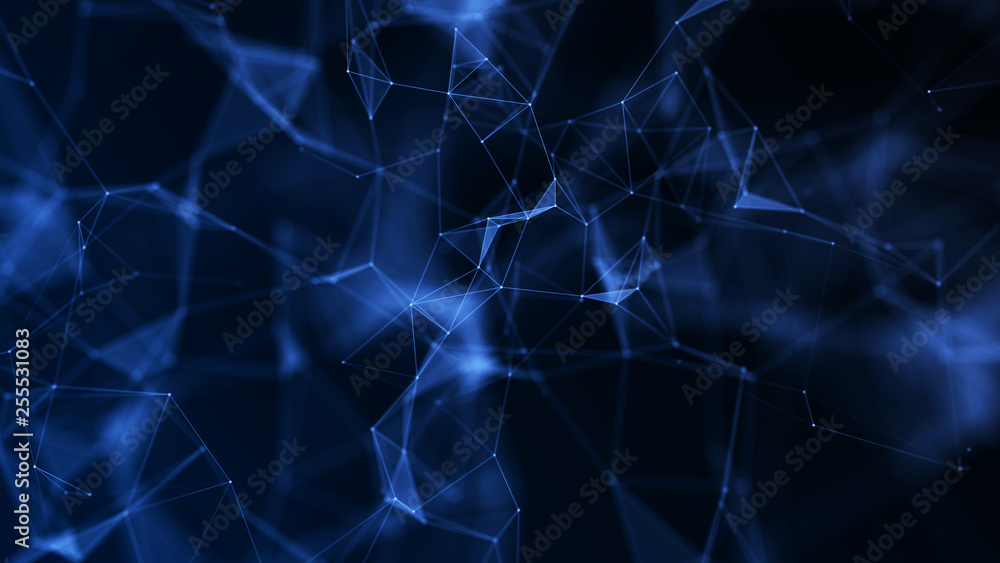 Poster Abstract connection of dots and lines. Distribution of triangular shapes in space. Network connection structure. 3D rendering.