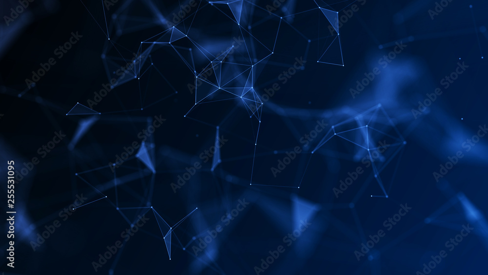 Aufkleber Abstract connection of dots and lines. Distribution of triangular shapes in space. Network connection structure. 3D rendering.