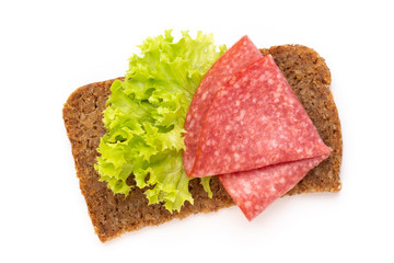 Sandwich with salami sausage on white background.