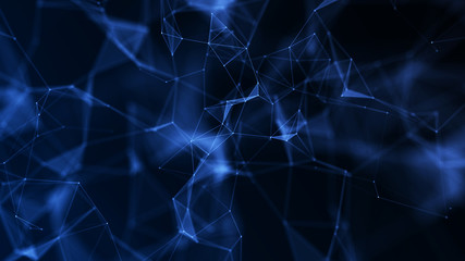 Abstract connection of dots and lines. Distribution of triangular shapes in space. Network connection structure. 3D rendering.