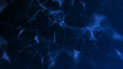 Abstract connection of dots and lines. Distribution of triangular shapes in space. Network connection structure. 3D rendering.