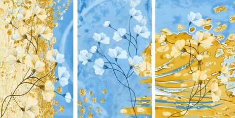Sammlung von Designer-Ölgemälden. Dekoration für den Innenraum. Moderne abstrakte Kunst auf Leinwand. Reihe von Bildern mit unterschiedlichen Texturen und Farben. Blau und Gold. © Erenai