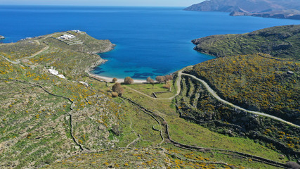 Fototapeta na wymiar Aerial drone photo of unique nature in island of Kythnos at spring, Cyclades, Greece