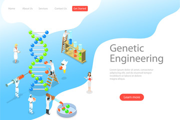 Isometric flat vector landing page template of genetic engineering, DNA structure changing, medical, biological and molecular research.