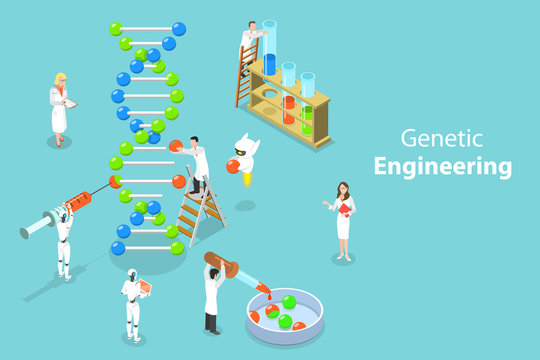 Isometric flat vector concept of genetic engineering, DNA structure changing, medical, biological and molecular research.